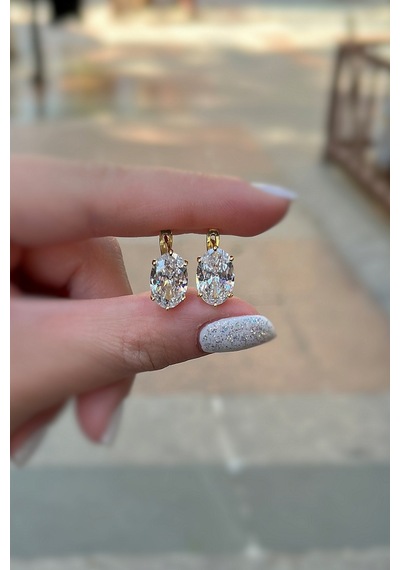 Gümüş Oval 12x8 Mm Taşlı 4,5 Carat Altın Kaplama Tektaş J Küpe Sarı