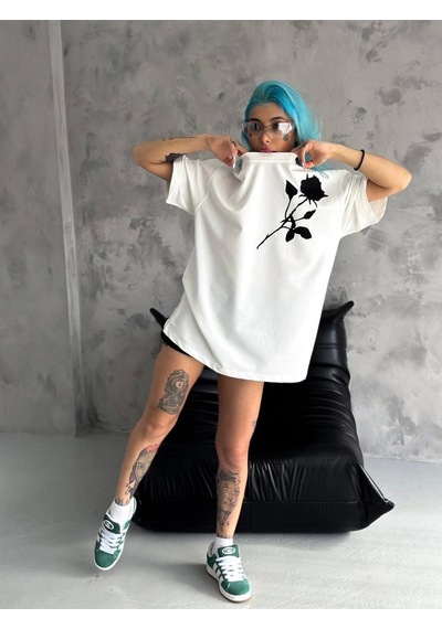 Wear Vexel Kadın Bisiklet Yaka Baskılı Oversize Kısa Kol T-shirt - Beyaz Çok Renkli