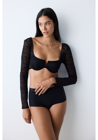 Penti Lace Dantel Uzun Kollu Siyah Büstiyer