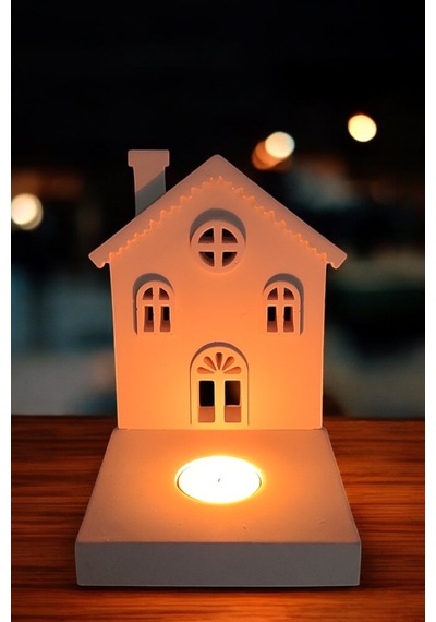 Dekoratif Tealight Mumluk - Ev Şeklinde Mumluk Tealight Mum Dahildir Beyaz
