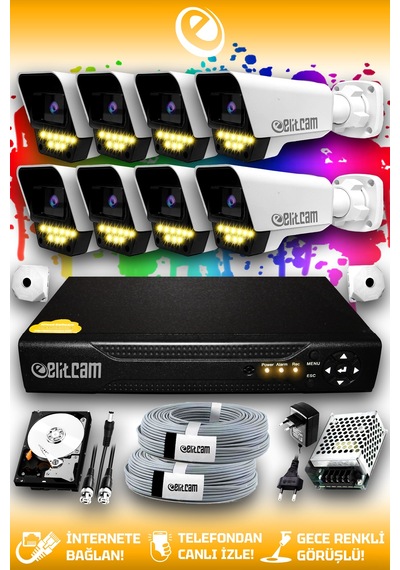 Elitcam 8 Kameralı Süper 8 Dış Kamera Set 500 GB 5 MP 2K Net Renkli Gece Görüşlü Güvenlik Kamerası Sistemi