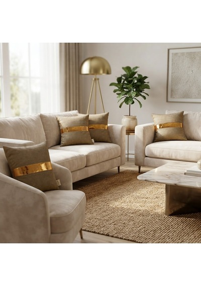 Venüs 07 Gold Şeritli 4 Lü Set Dekoratif Ve Modern Modern Tasarım Kırlent Kılıfı Lüks Koltuk Yastık Kılıfı Altın