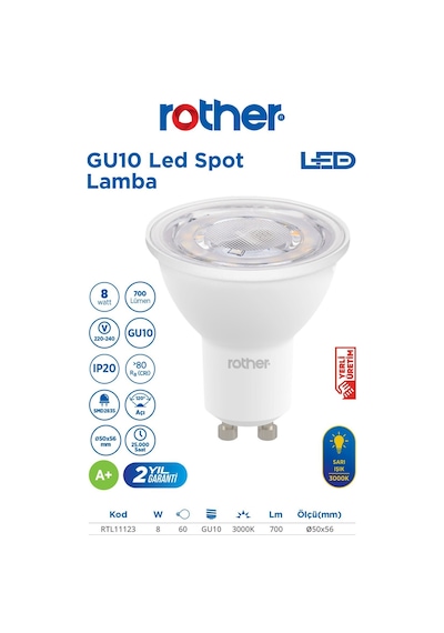 Rtl11123-5 Rother Gu10 Led Spot Ampul 8w 700 Lümen 3000k Sarı Işık Enerji Tasarruflu Ampul 5 Adet