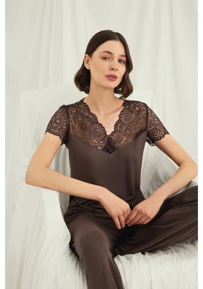 Monamise Kadın Kısa Kollu Ve Dantelli V Yaka Pijama Takımı 18702 Kahve