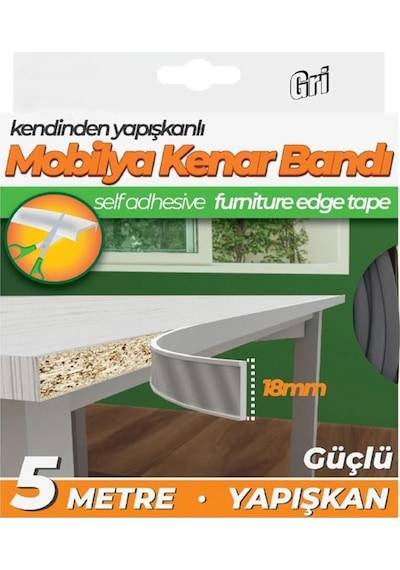 Kendinden Yapışkanlı Masa,raf,dolap,tezgah,mobilya Kenar Bandı 18mmx5 Metre-gri
