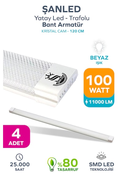 100wat 120 Cm Kristal Yatay Led Bant Armatür-trafolu Beyaz Işık -4 Adettir