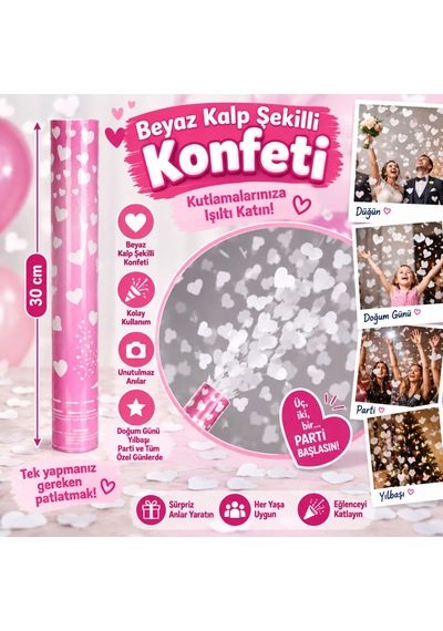 Beyaz Kalp Şekilli Konfeti 38 Cm