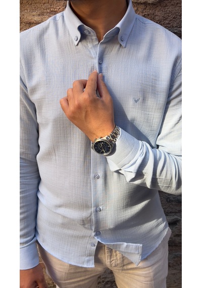 Slim Fit Uzun Kol Müslin Pamuk Rahat Nefes Alabilen Kumaştan Yaka Düğmeli Hediye Kutulu Erkek Gömlek Fs-004202 - Açık Mavi-2870 Açık Mavi