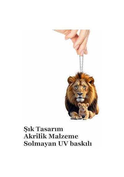 Araba Ayna Süsü, Araba Süsü, Çanta Aksesuarı - Aslan - Pleksi Malzeme, Uv Baskılı - 007 Açık Gri