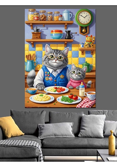 Ahşap Tablo Mutfakta Yemek Yapan Kedi
