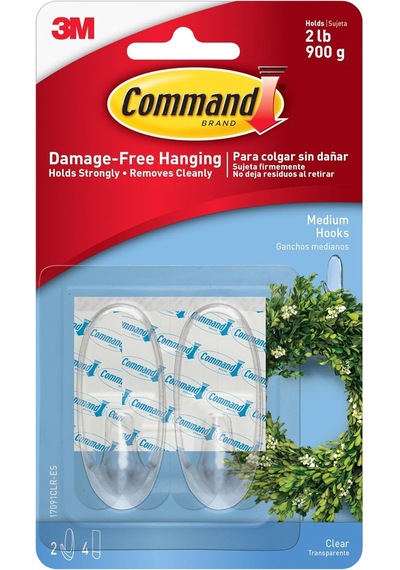 Command 17091clr Şeffaf Kanca, Şeffaf Yapışkan Şeritli, Orta Boy Çok Renkli