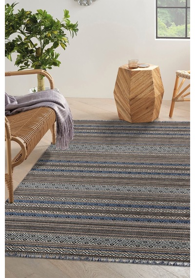 Mavi Renkli Kaymaz Tabanlı Yıkanabilir Makine Dokuma Kilim-324