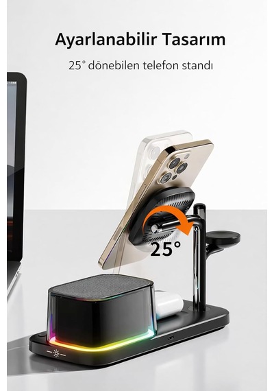 5 İ 1 Arada 25w Qi2 Kablosuz Şarj Standı Bluetooth Hoparlör Alarm Saat Led Gece Işığı