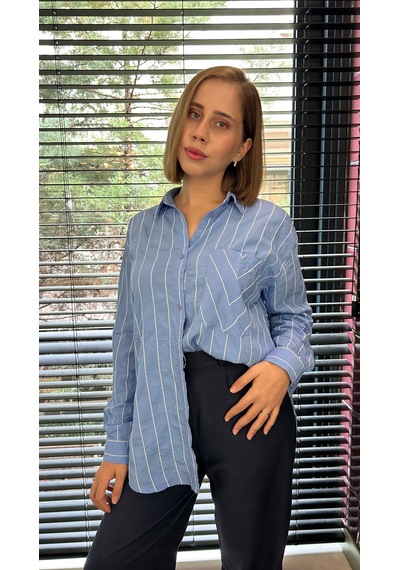 Elif Tarakçı Butik Mavi Çizgili Gömlek Mavi Çizgili