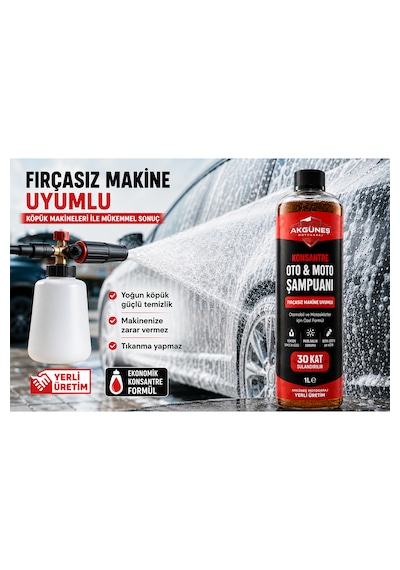 Akgüneş Motogaraj 1 Lt Konsantre Oto & Moto Şampuanı 30 Kat Sulandırılabilir Fırçasız Makine Uyumlu