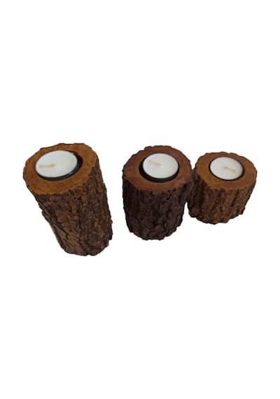 Simstyle Kütük Görünümlü 3 Lü Set Mumluk Ahşap