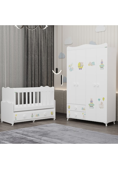 Elegant Beşik Ve Yıldız 4 Kapaklı Dolap- Ayıcık Beyaz