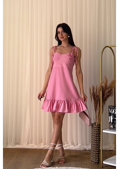 Askılı Fırfırlı Mini Boy A Kesim Şık Günlük Elbise Pembe