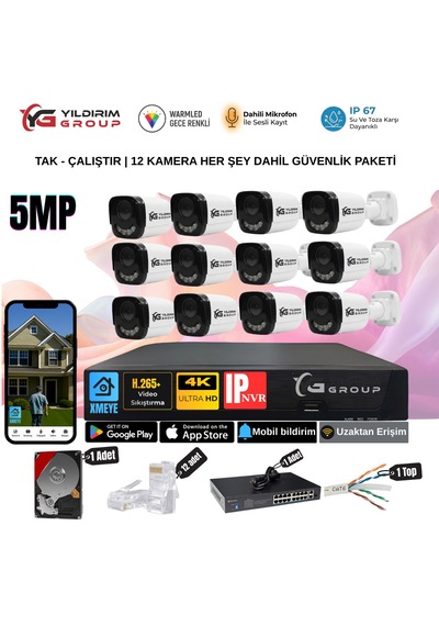 Yıldırımgroup 12 Kameralı Sesli 5mp Ip-gece Renkli Araç Ve Yüz Tanımalı Kamera Sistemi-hazır Kamera Seti
