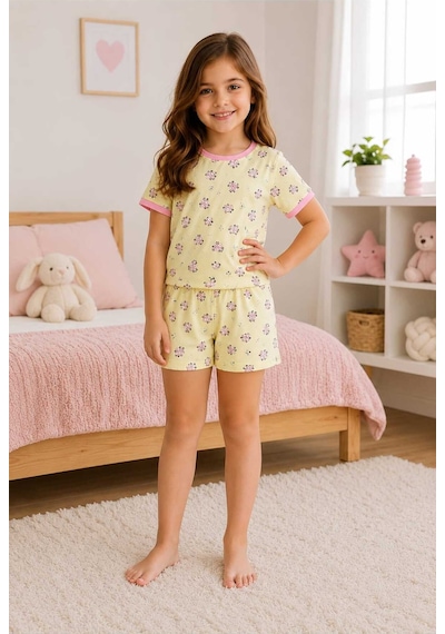 Tenra Kız Çocuk Pamuklu Şortlu Pijama Takımı 3-12 Yaş Sarı