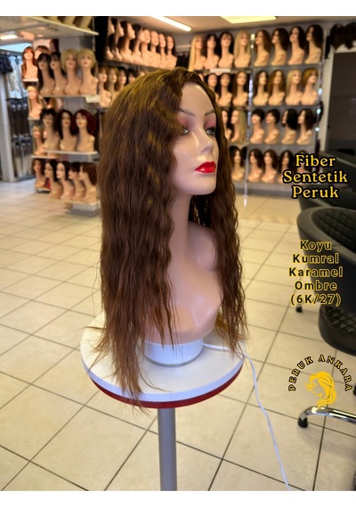Afro Su Dalgası Peruk Fiber Sentetik Koyu Kumral Karamel Ombre