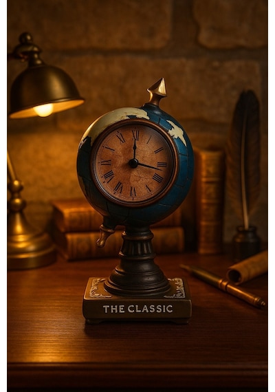 Nostaljik Ofis Ve Ev Dekoru Masa Saati Biblosu The Classic Dünya Küresi Antika Biblo Saat 19 Cm-m Gold