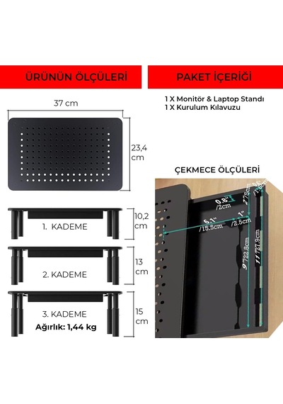 Upway Çekmeceli Metal Laptop & Monitör Standı - Yükseklik Ayarlı 20 Kg Kapasiteli