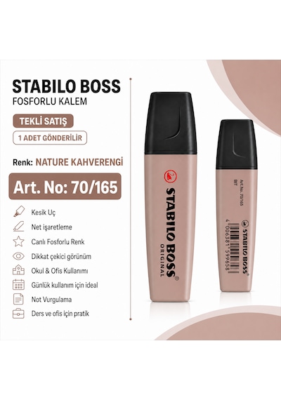 Boss Fosforlu Kalem 1 Adet Metin İşaretleme Kalemi Kahverengi