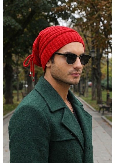 Ritagarcia Unisex Arkası İpli Büzgülü Triko Bere Kışlık Dökümlü Slouchy Beanie Bere Kırmızı