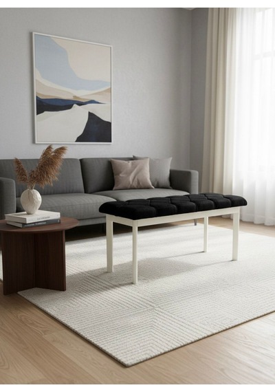 Loft Kapitone Döşeme Beyaz Metal Ayaklı Puf & Bench - 105x40 Cm Siyah