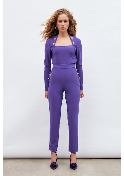 Sateen Düğme Detaylı Pantolon - Mor