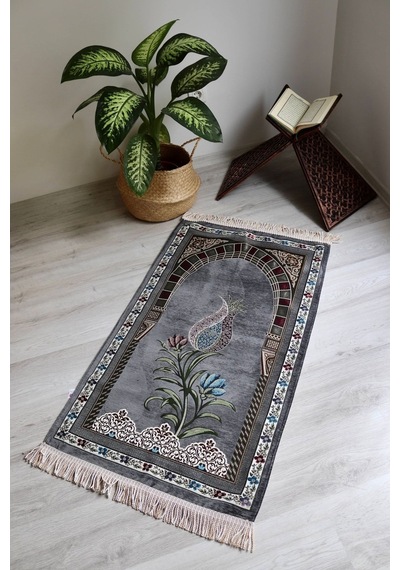 Lale Desenli Astarlı Lüks Seccade S1002 Gri Gri