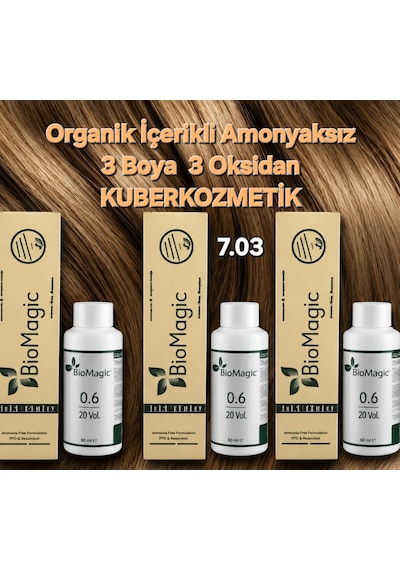 Biomagic 7.03 Karamel Açık Kahve Organik İçerikli Amonyaksız Kalıcı Kokusuz Saç Boyası 3 Boya+ 3 Oksidan