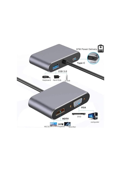 Kyrotech 4in1 Usb C Hdmı Vga Adaptörü, Usb C Hub, 4k Hdmı, 1080p Vga, Usb 3.0, Usb C Pd Şarj, Macbook Pro/air/ipad Pro 2018 / Dell Xps/samsung Uyumlu