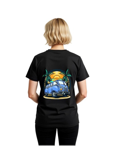 Paybuy Kadın Retro Seyahat Temalı Vintage Minibüs Güneş Batışı Palmiye B Siyah