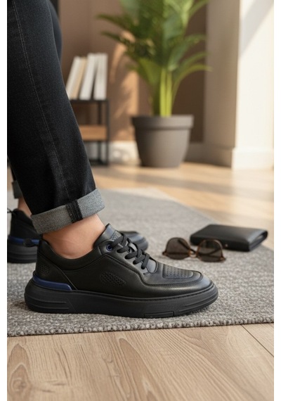 Enoch Hakiki Deri Mavi Detaylı Günlük Erkek Sneaker Ortopedik Taban Siyah