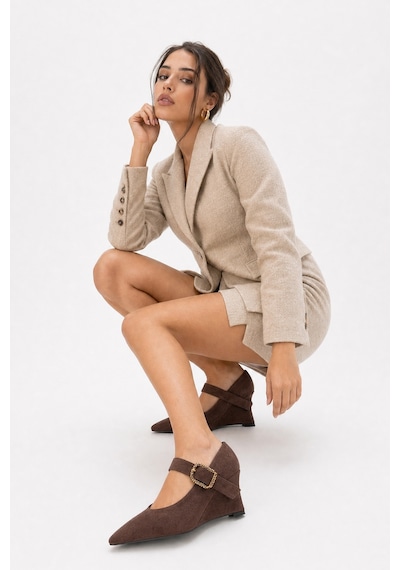 Luvi Shoes Lyons Kahverengi Süet Tokalı Kadın Dolgu Topuklu Ayakkabı