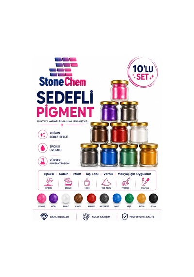 10’lu Sedefli Pigment Tozu Seti - Epoksi Reçine, Mum, Sabun, Taş Tozu, Vernik ve Makyaj İçin Yoğun Renk Efektli Pigment