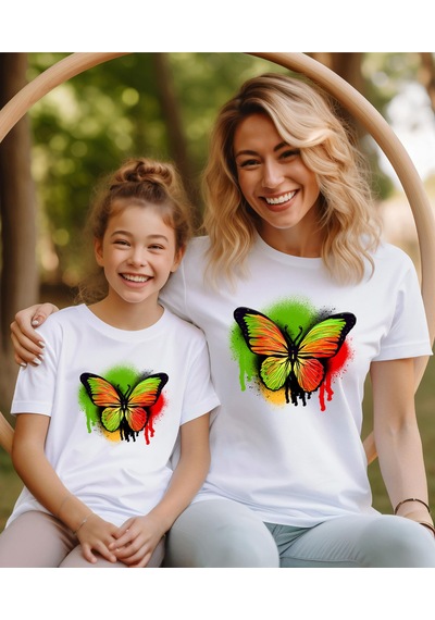 Aselinda Kelebek Baskılı Anne Kız T-shirt Tekli Üründür Kombin Yapmak Için 2 Adet Sepete Ekleyiniz Beyaz