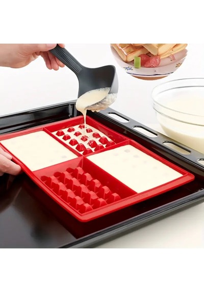 Silikon Fırın Tepsisi 4 Delikli Waffle Kalıbı, Kek Waffle Yapma Tepsisi Kalıbı Kırmızı