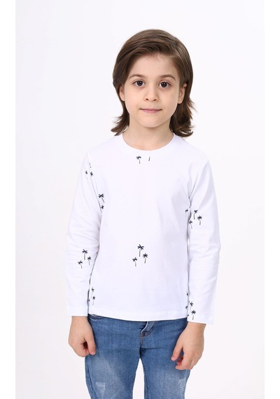 Toontoy Kids Toontoy Erkek Çocuk Baskılı Bisiklet Yaka Uzun Kollu Tişört Beyaz