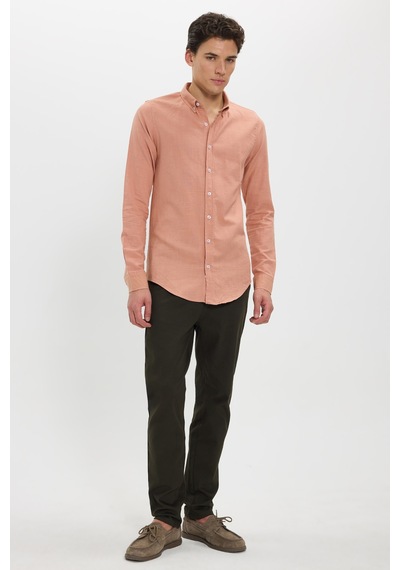Tudors Erkek Slim Fit Dar Kesim %100 Pamuk Düğmeli Yaka Flam Keten Turuncu Gömlek-50269