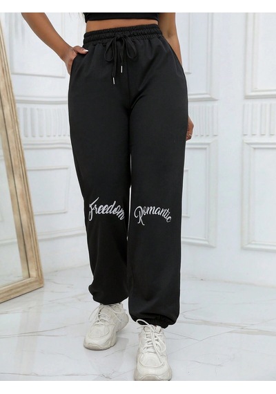 Unity Reflective Letter Graphic Drawstring Waist 4 Mevsim Eşofman Siyah
