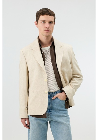 Antioch Keten Karışımlı Balıksırtı Desenli Erkek Blazer Ceket Natur