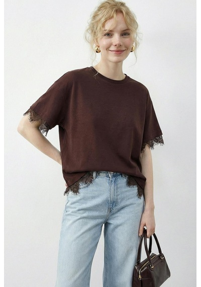Shade Kadın Dantel Detaylı Bisiklet Yaka Oversize T-shirt 1046 60283955 - Kahverengi