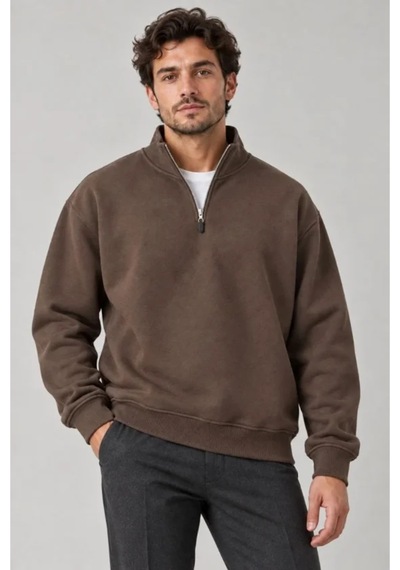 Butik İstanbul Erkek Üç İplik İçi Şardonlu Dik Yaka Yarım Fermuarlı Kışlık Sweatshirt - Kahverengi