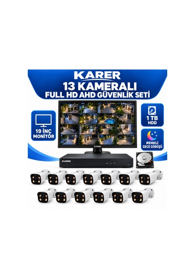 Karer 13 Kameralı 19 İnç Monitörlü Full Hd Ahd Güvenlik Seti 1 Tb Hdd Renkli Gece Görüşü