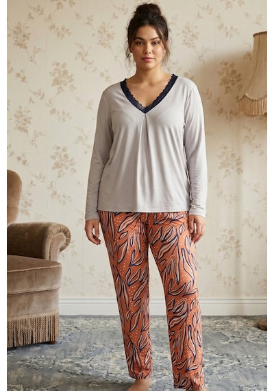 Siyah İnci Gri Desenli Büyük Beden Battal Boy Viskon Örme Pijama Takım 26224821