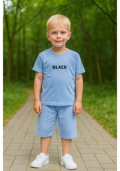Black Baskı Fitillli Şortlu Basic Kız Erkek Çocuk Yazlık Şortlu Takım Mavi