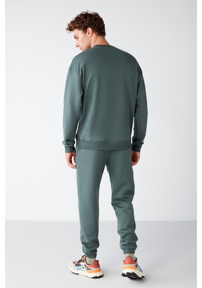 Grimelange Raırok  Erkek Içi Polarlı Comfort Oversize Nakışlı Koyu Yeşil Sweatshirt